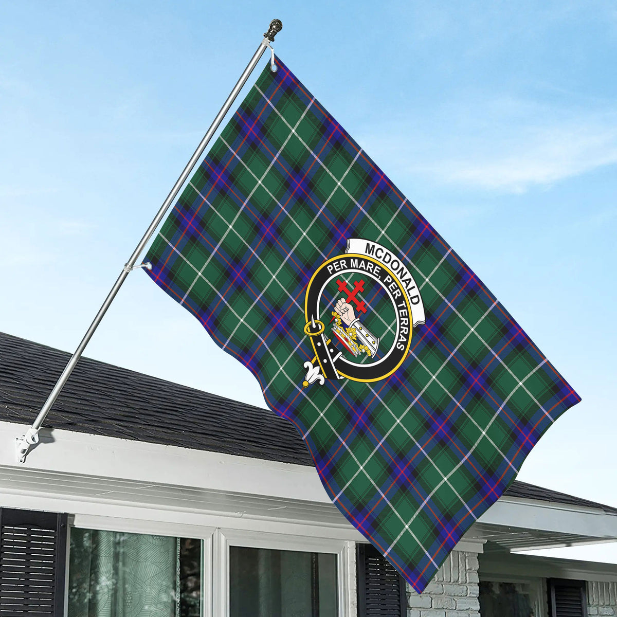 McDonald of the Isles Hunting Modern Tartan Crest House Flag