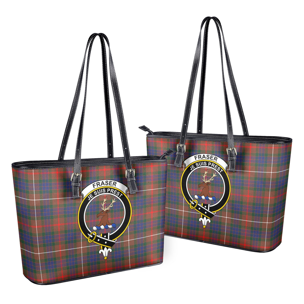 Fraser (of Lovat) Hunting Modern Tartan Crest Leather Tote Bag