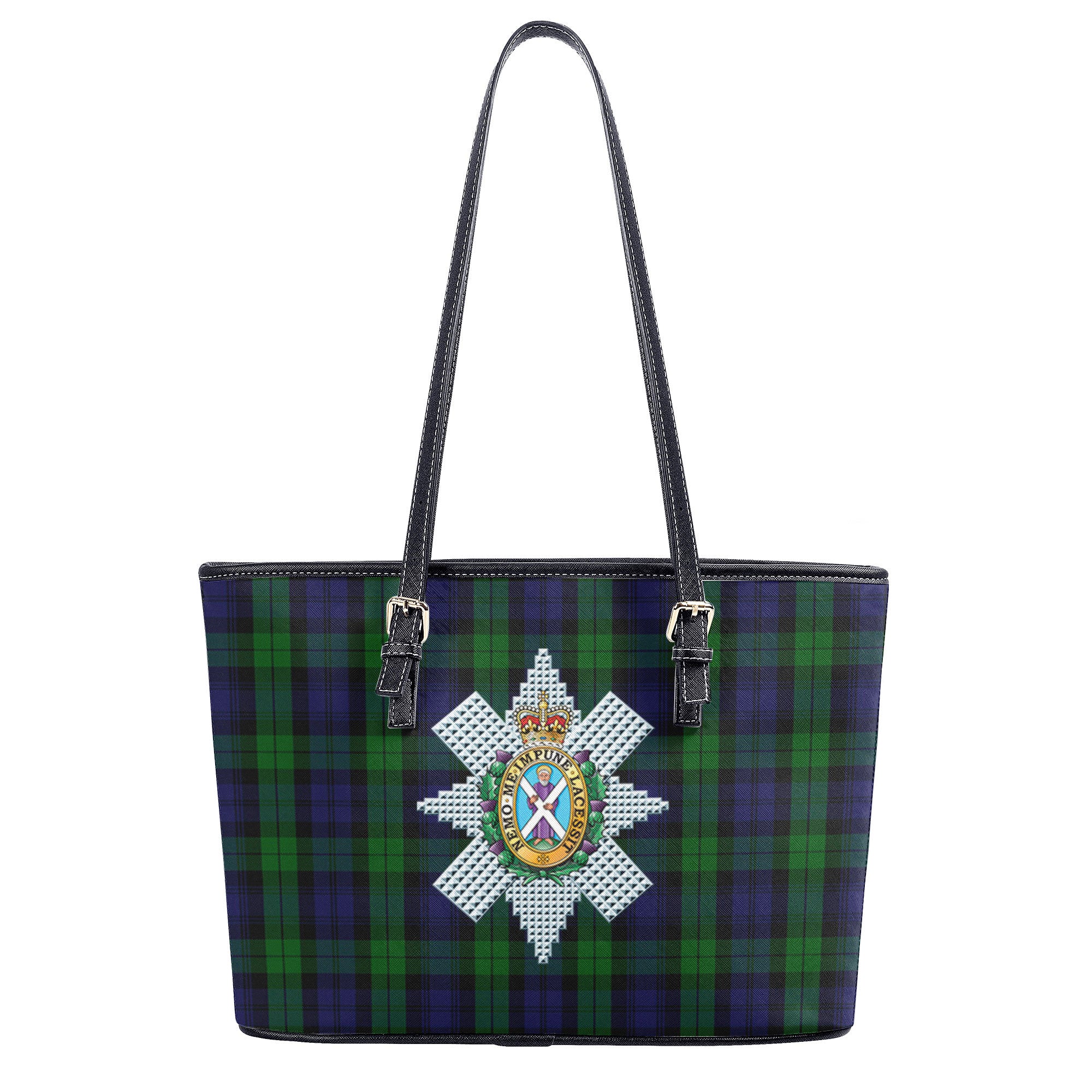 Black Watch Tartan Crest Leather Tote Bag