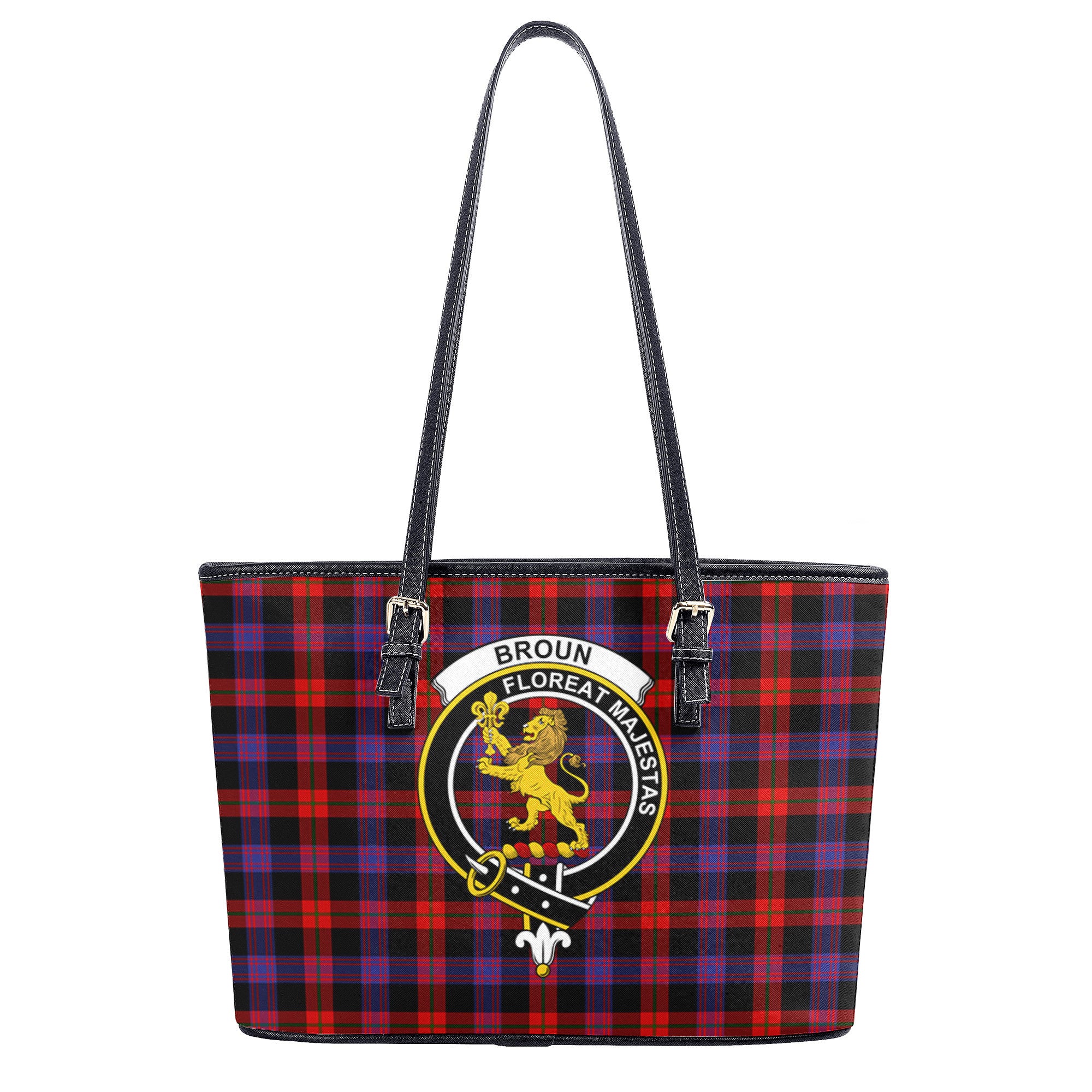 Broun Modern Tartan Crest Leather Tote Bag