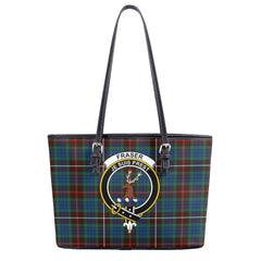 Fraser (of Lovat) Hunting Ancient Tartan Crest Leather Tote Bag