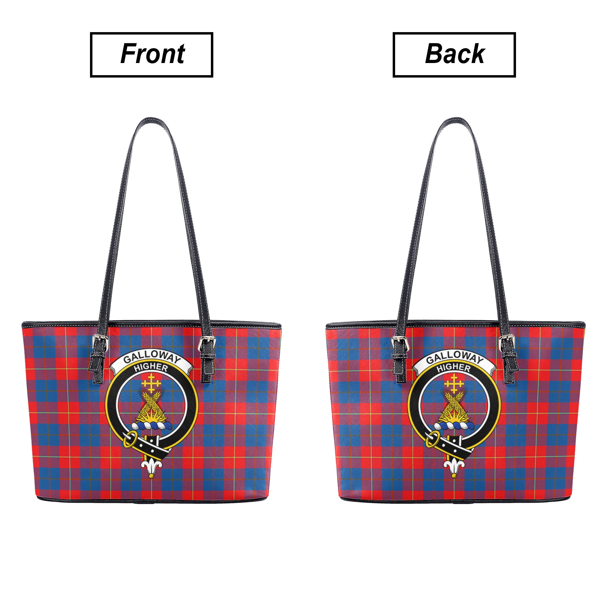 Galloway Red Tartan Crest Leather Tote Bag