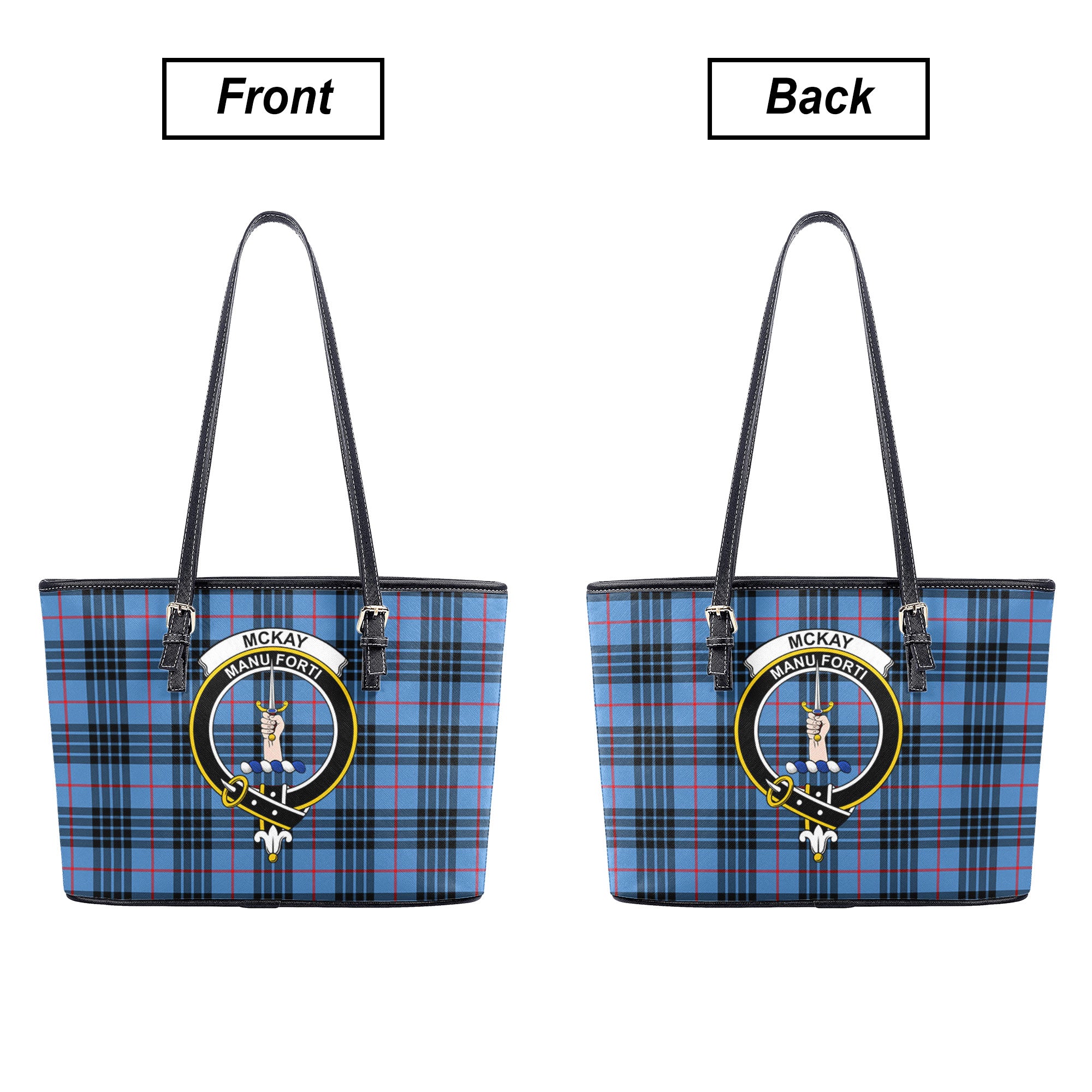 McKay Blue Tartan Crest Leather Tote Bag