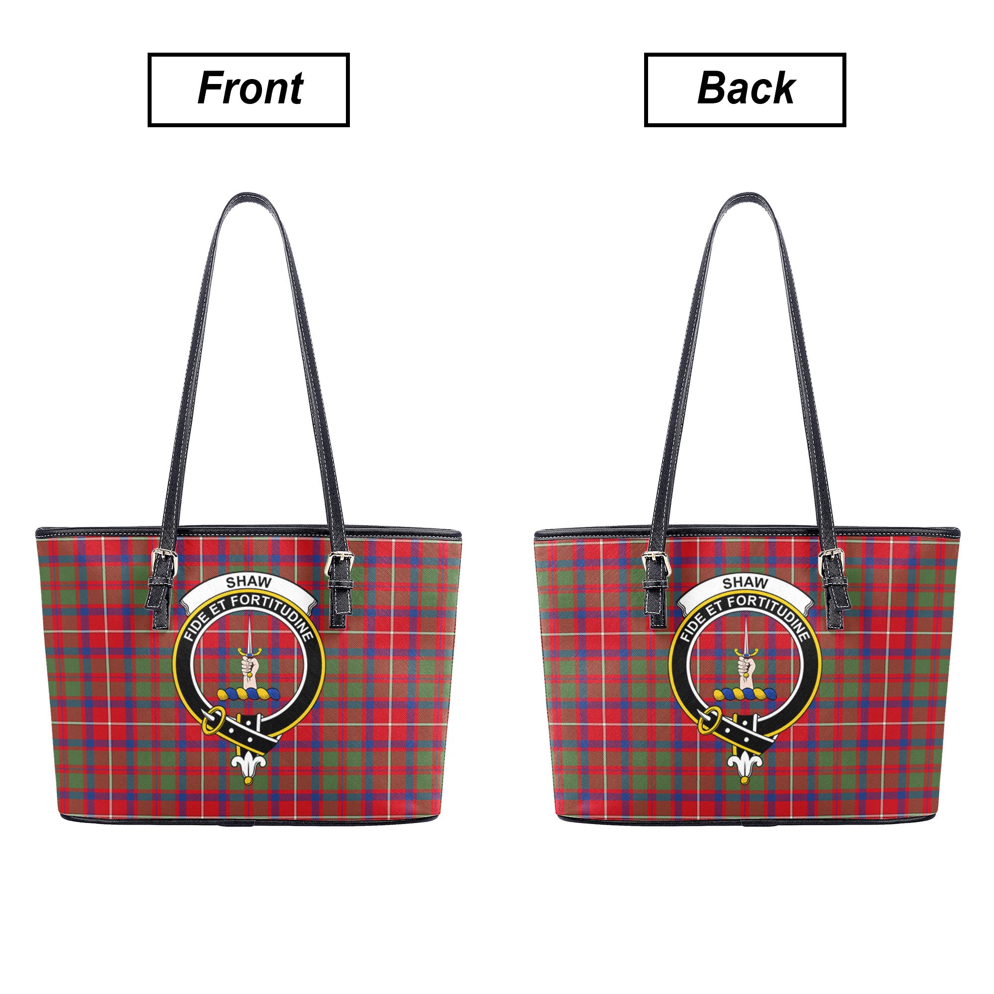 Shaw Red Modern Tartan Crest Leather Tote Bag