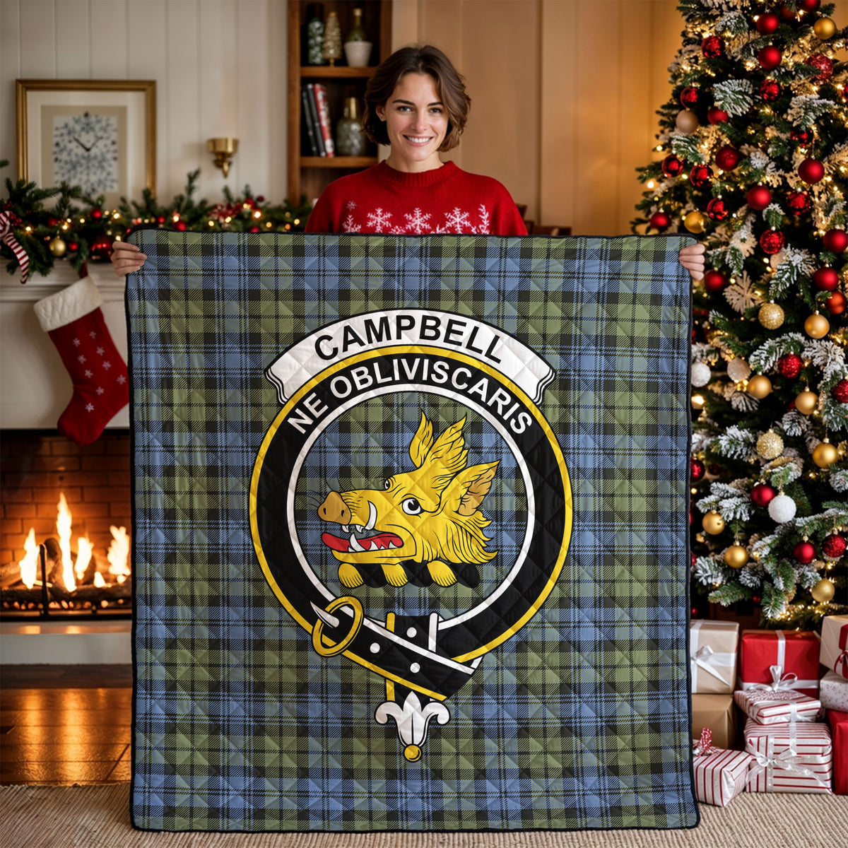 Campbell Faded Tartan Crest Quilt