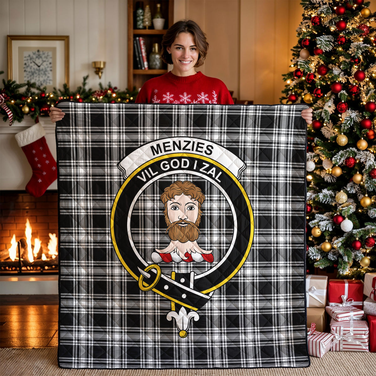 Menzies Black - White Modern Tartan Crest Quilt