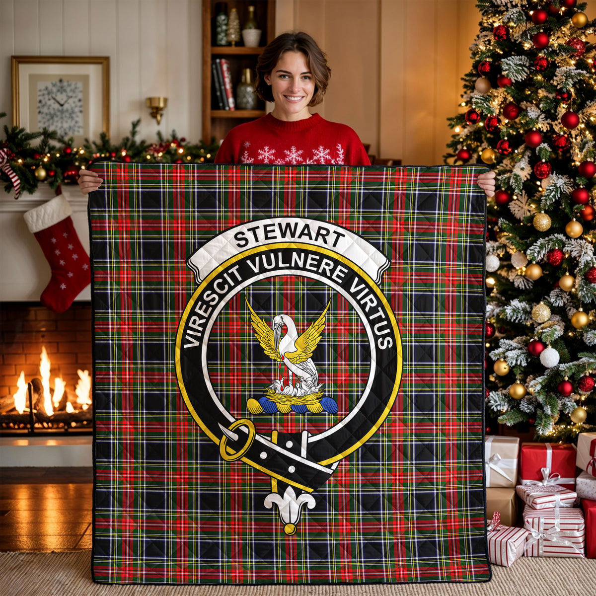 Stewart Black Tartan Crest Quilt