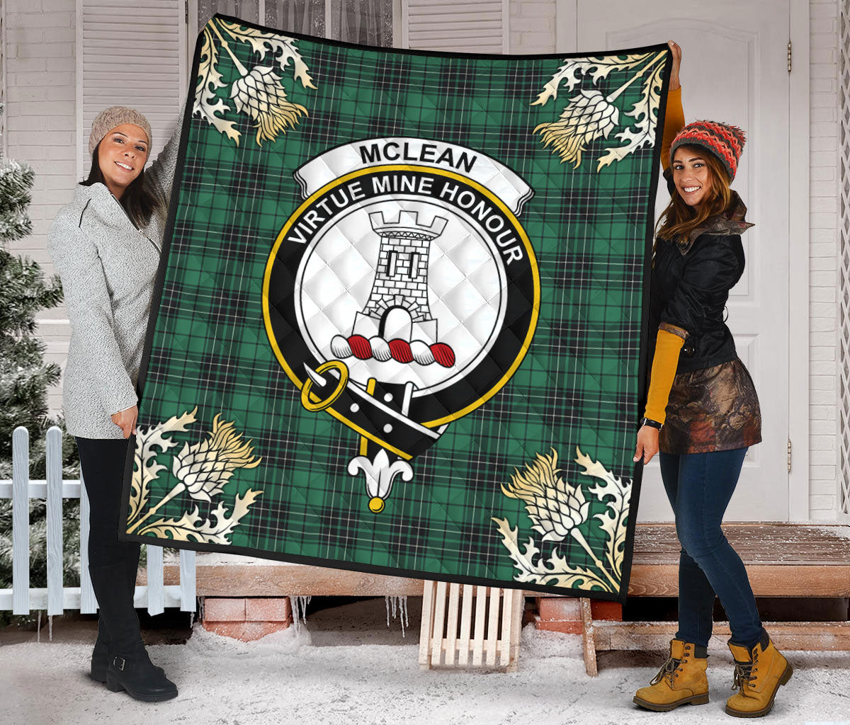 McLean Hunting Ancient Tartan Crest Premium Quilt - Gold Thistle Style