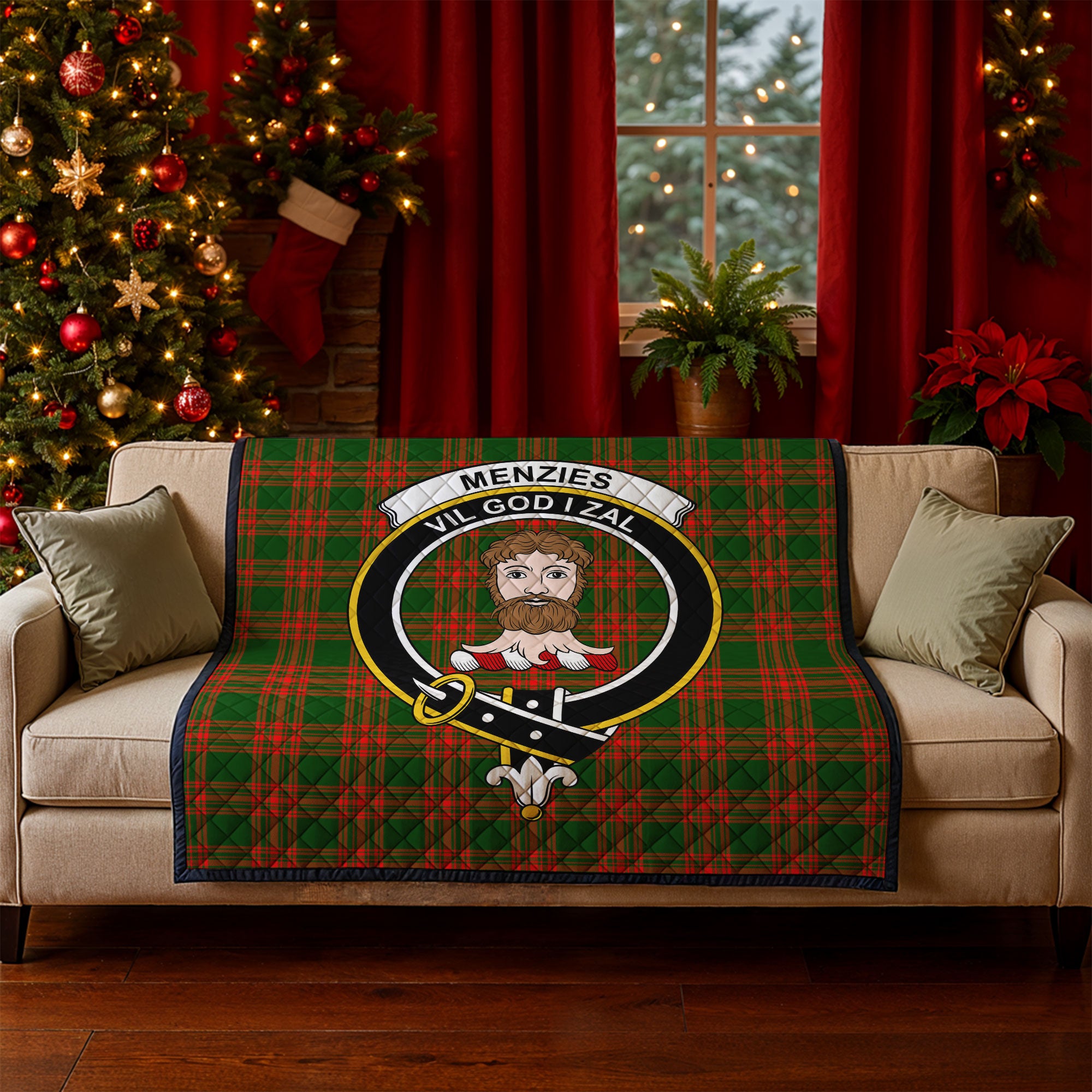 Menzies Green Modern Tartan Crest Quilt