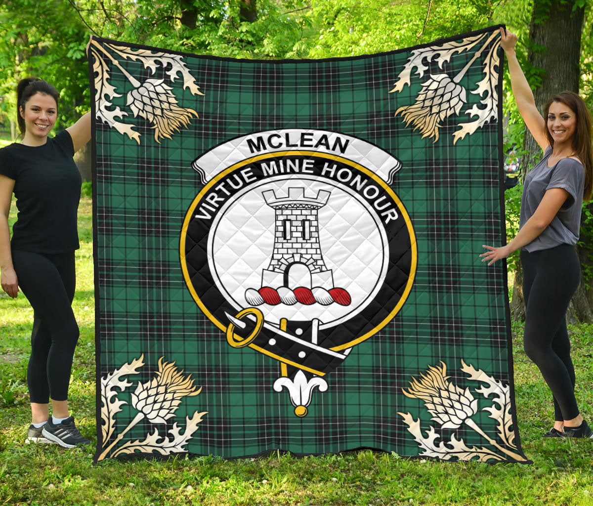 McLean Hunting Ancient Tartan Crest Premium Quilt - Gold Thistle Style