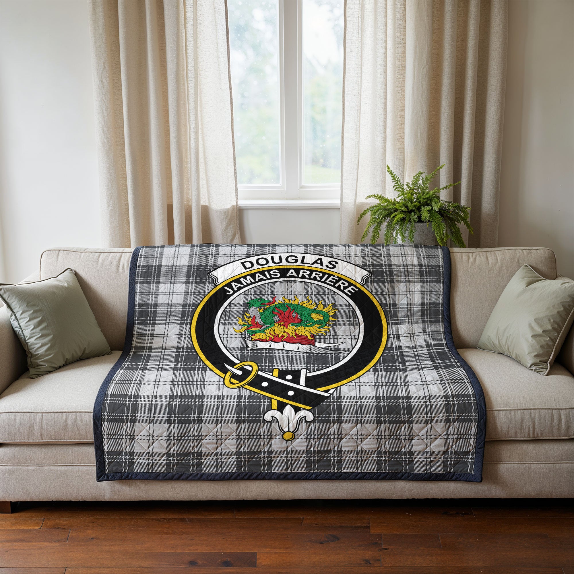 Douglas Grey Modern Tartan Crest Quilt