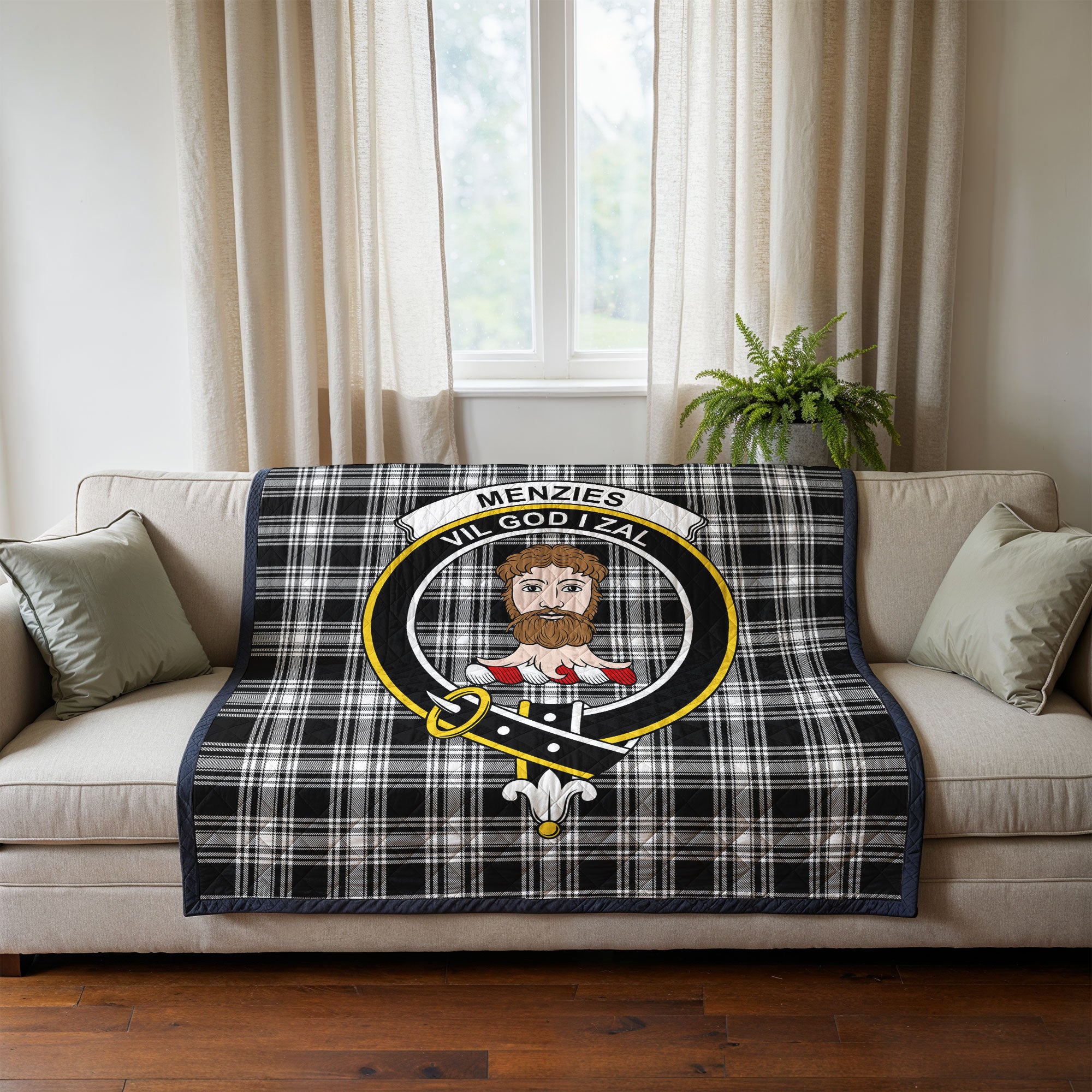 Menzies Black - White Modern Tartan Crest Quilt
