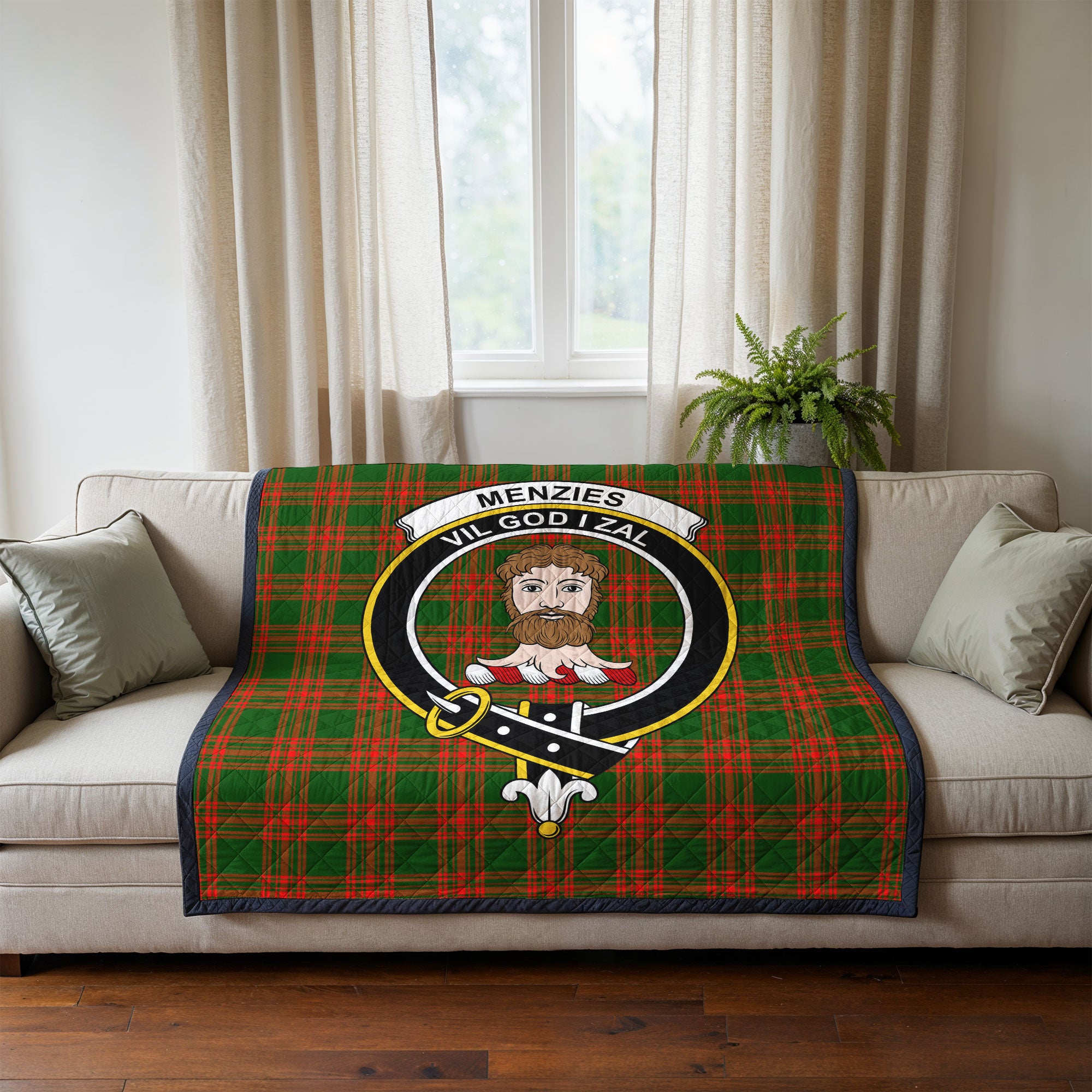Menzies Green Modern Tartan Crest Quilt