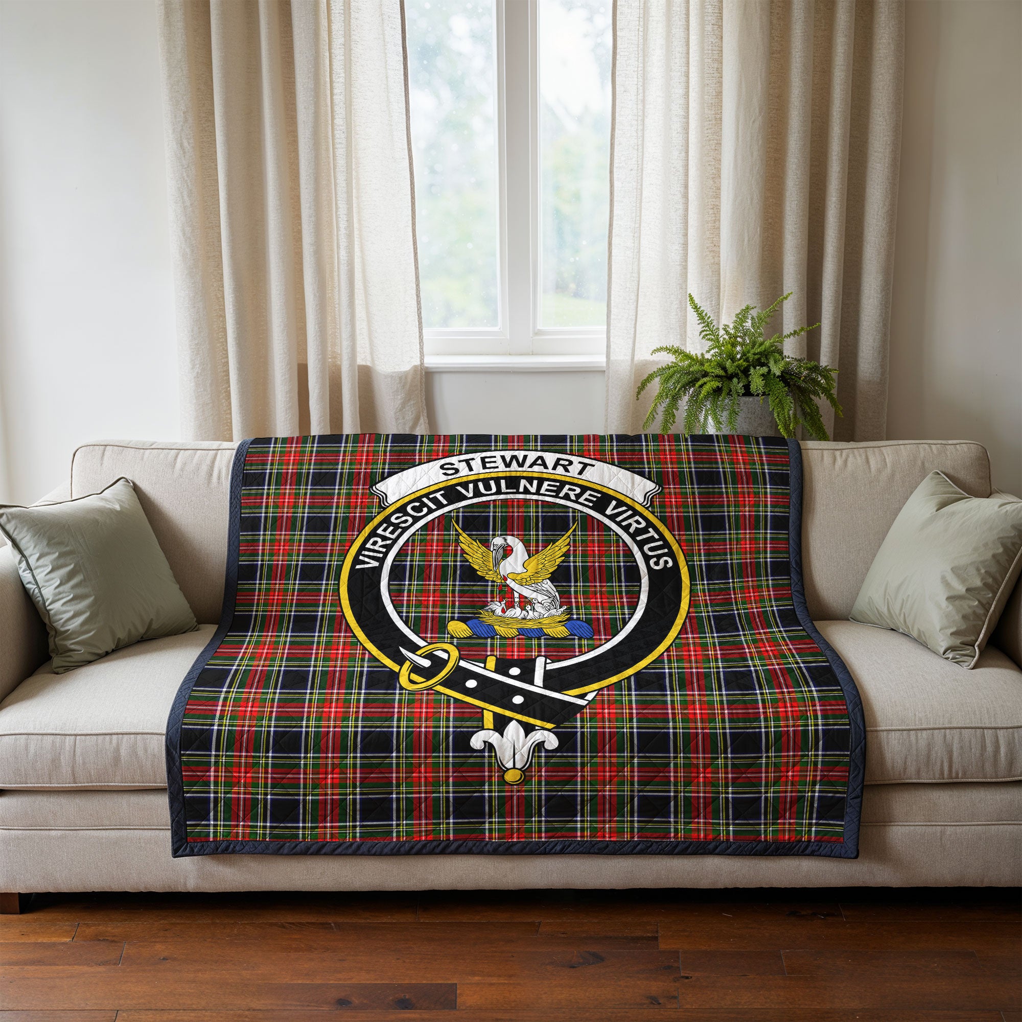 Stewart Black Tartan Crest Quilt