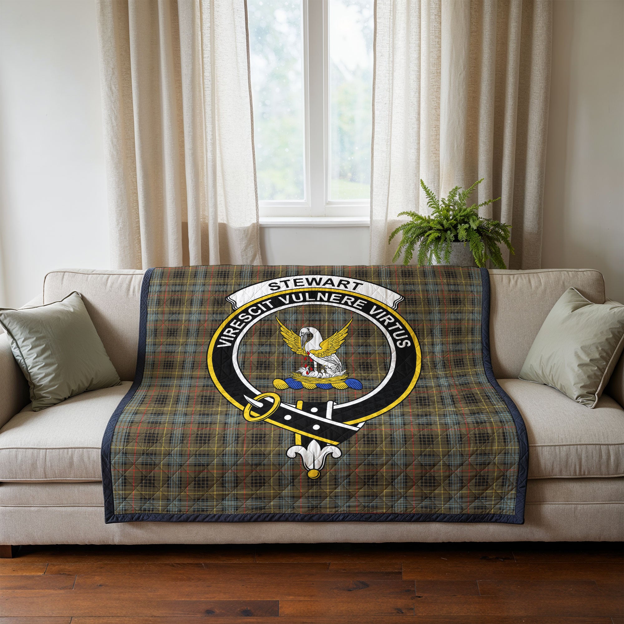 Stewart Hunting Weathered Tartan Crest Quilt