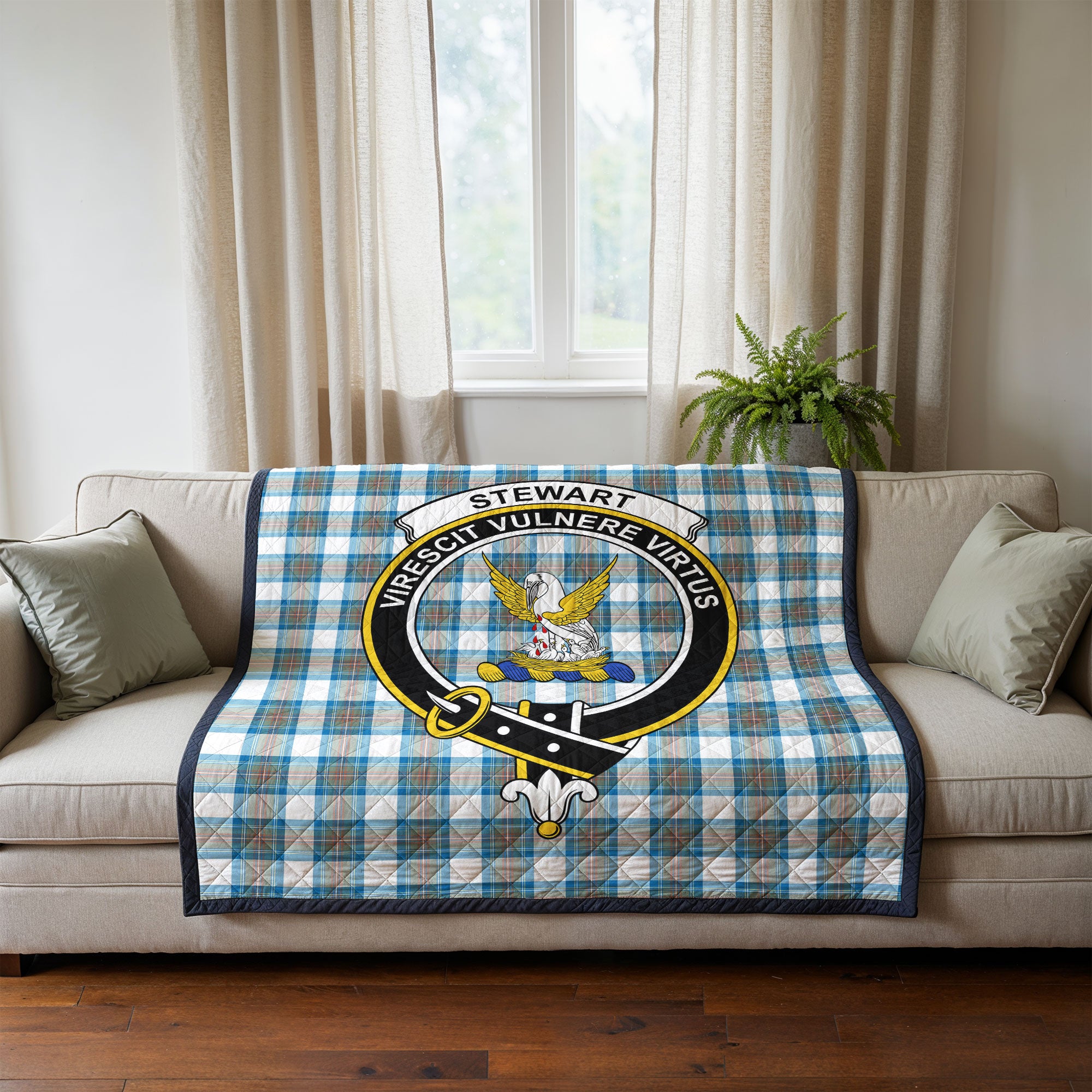 Stewart Muted Blue Tartan Crest Quilt