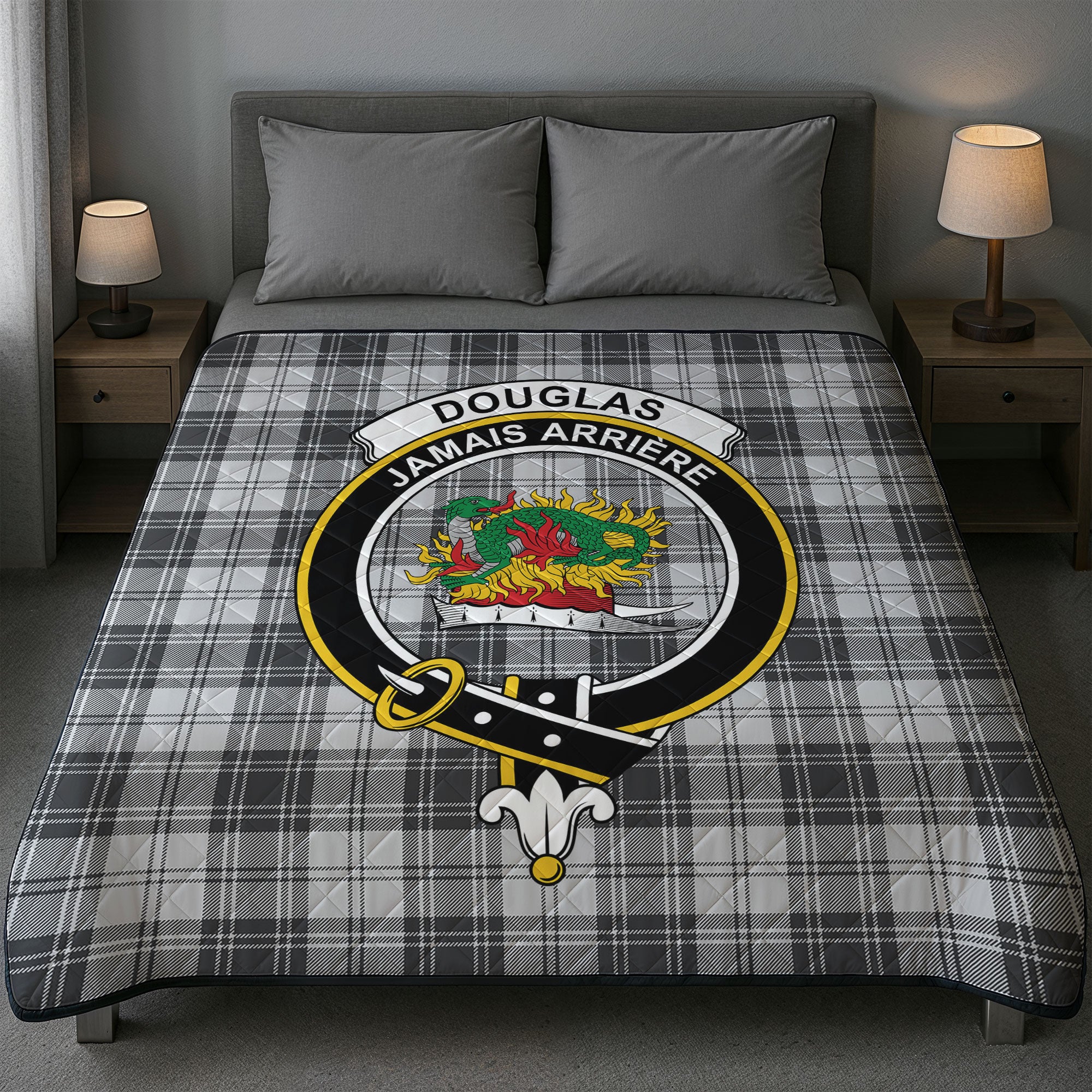 Douglas Grey Modern Tartan Crest Quilt