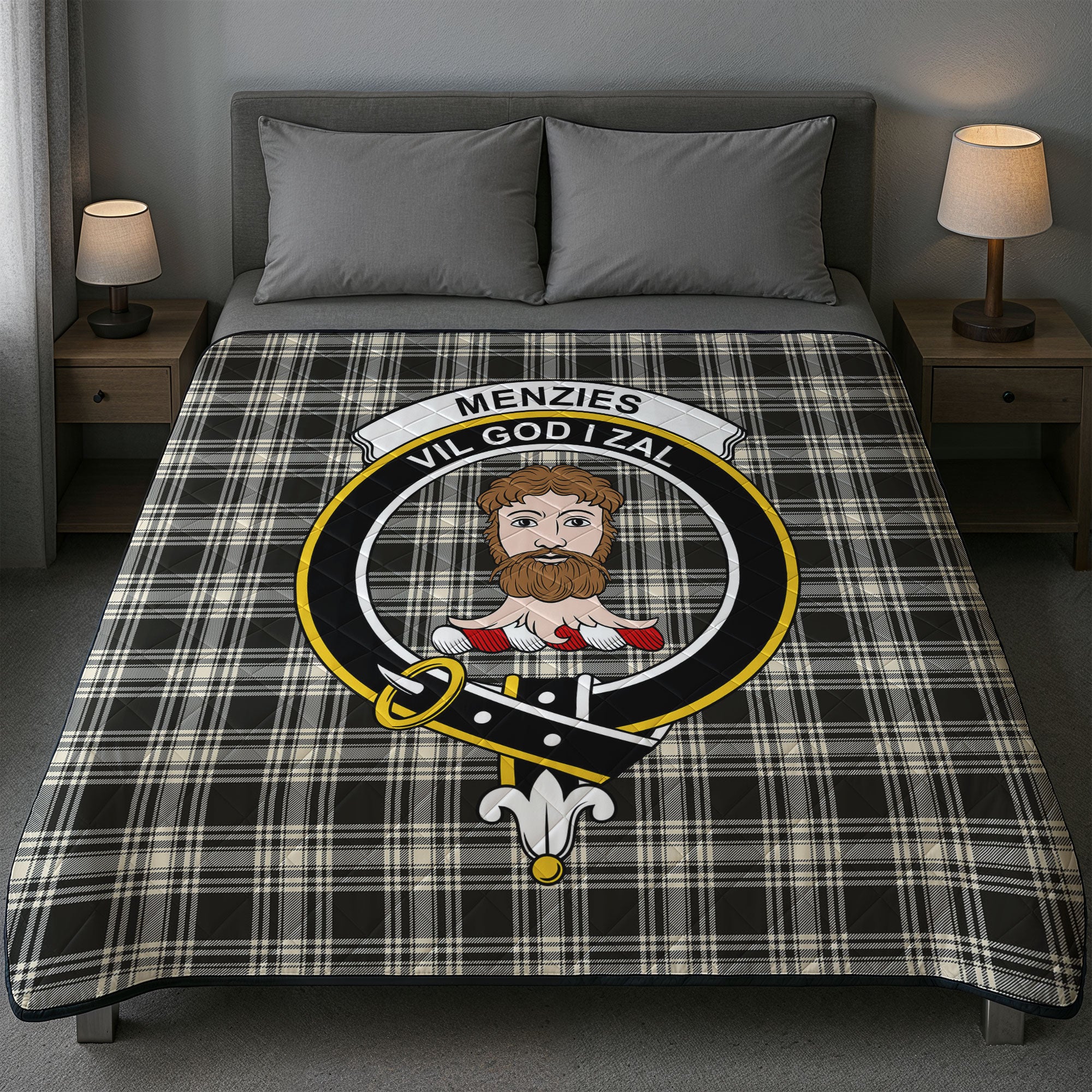 Menzies Black - White Ancient Tartan Crest Quilt