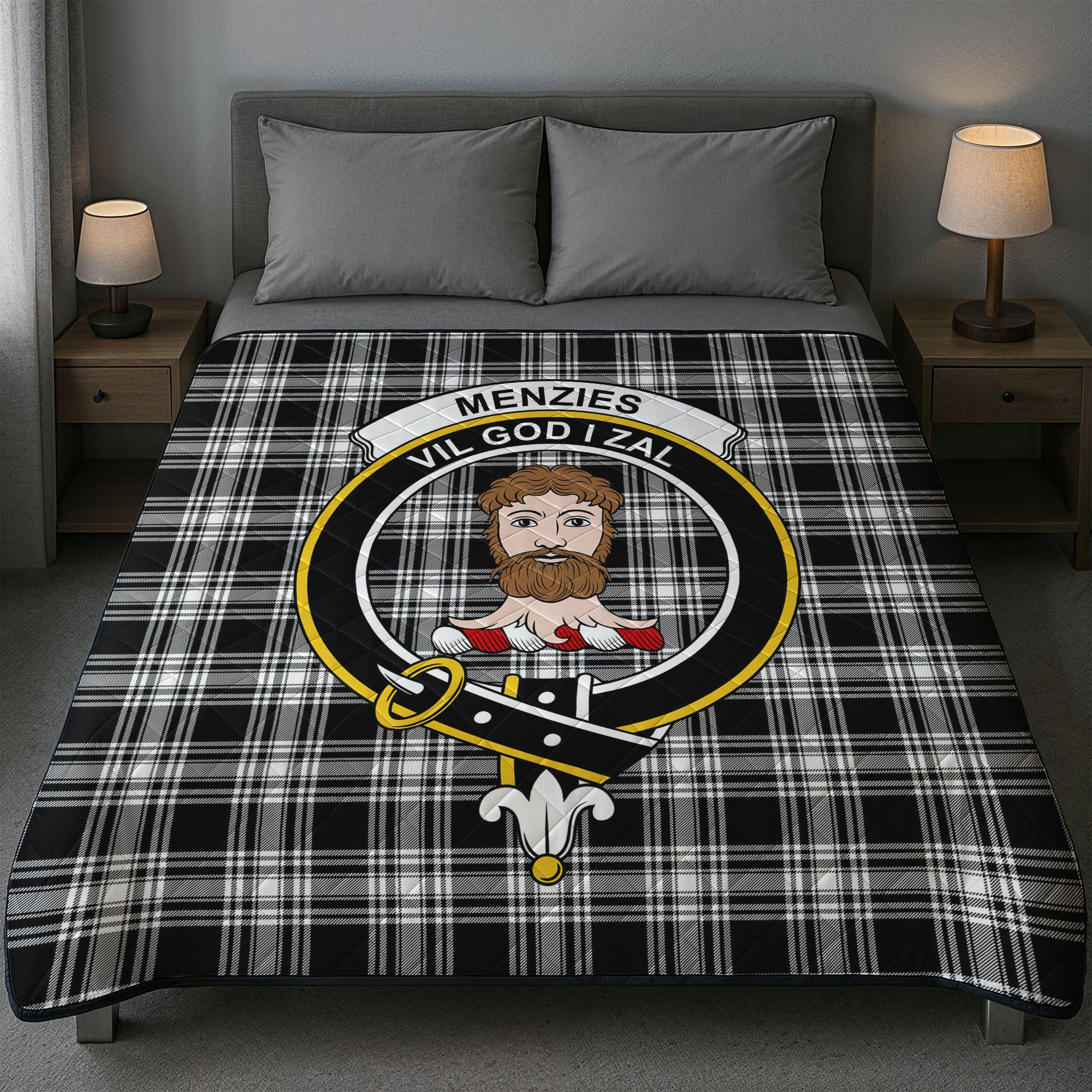 Menzies Black - White Modern Tartan Crest Quilt