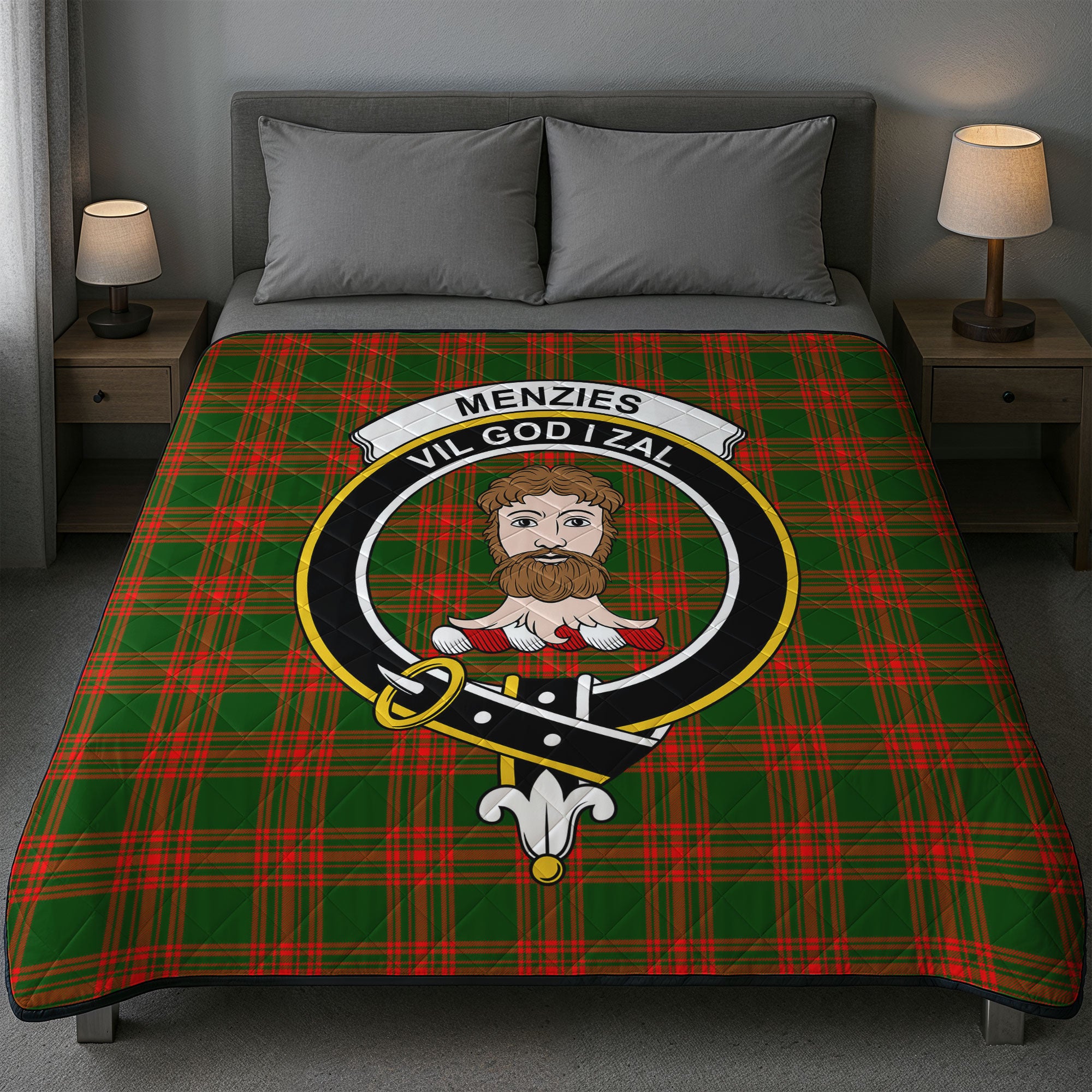 Menzies Green Modern Tartan Crest Quilt