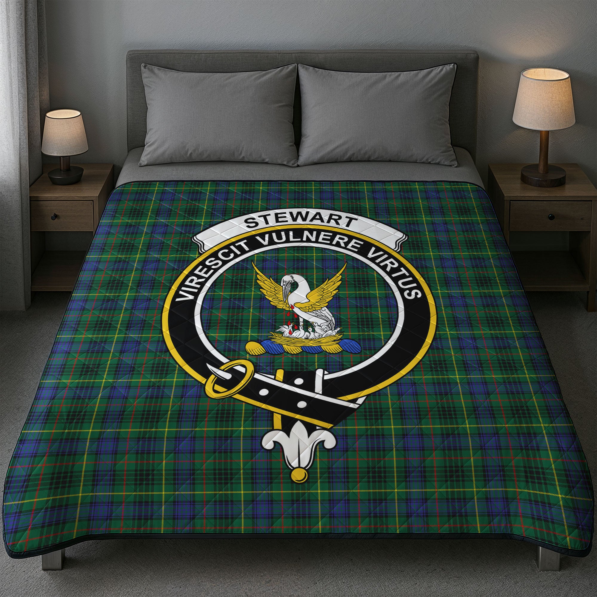 Stewart Hunting Modern Tartan Crest Quilt