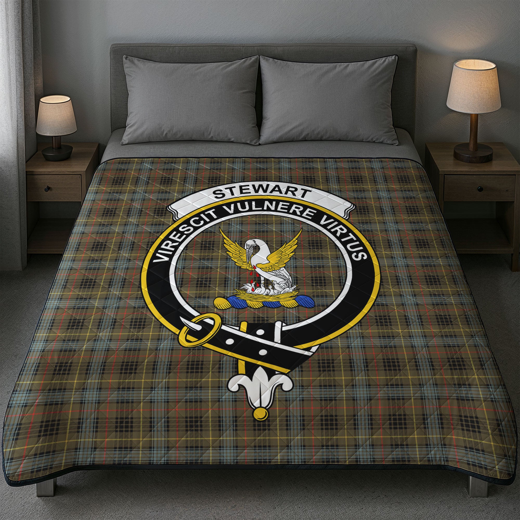 Stewart Hunting Weathered Tartan Crest Quilt