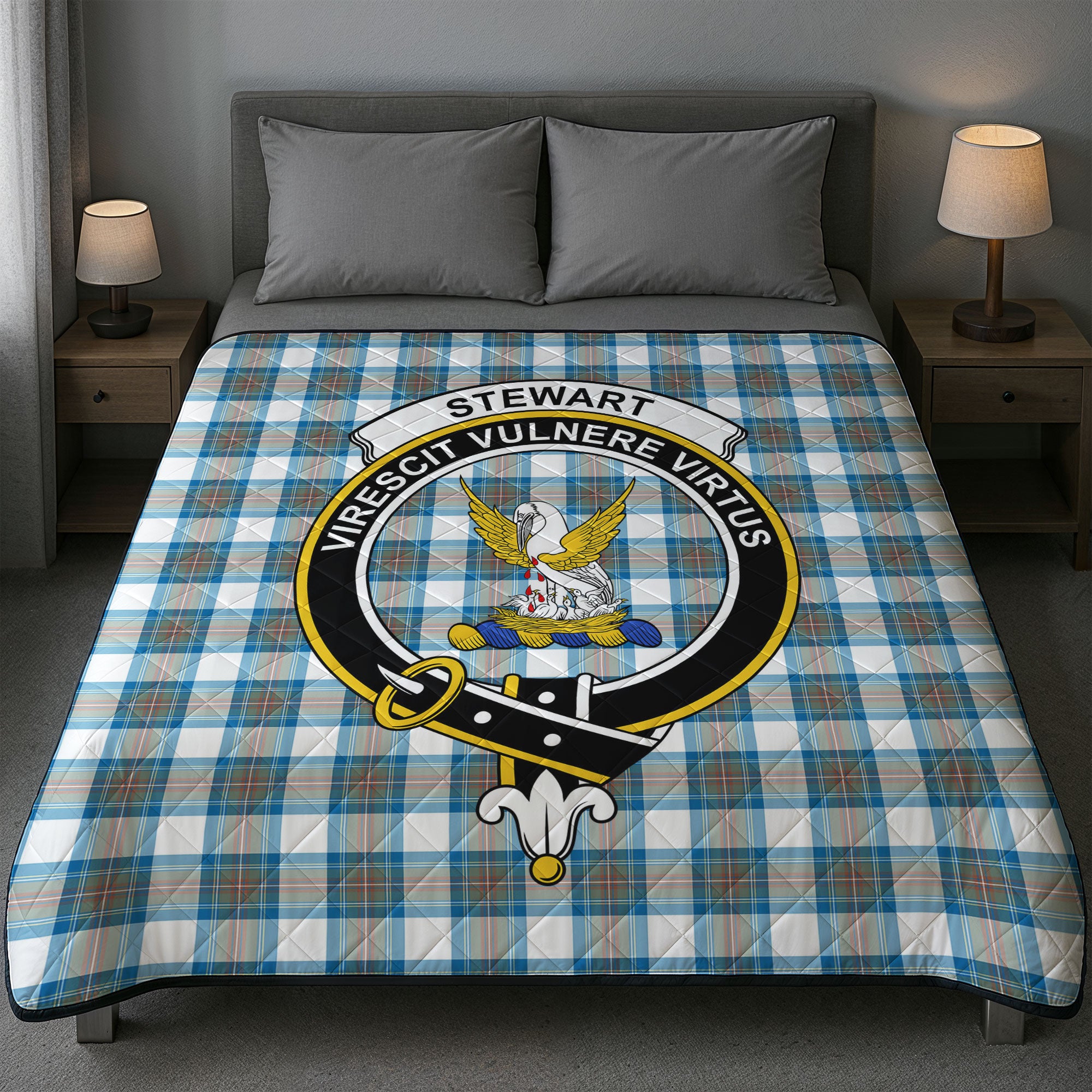 Stewart Muted Blue Tartan Crest Quilt