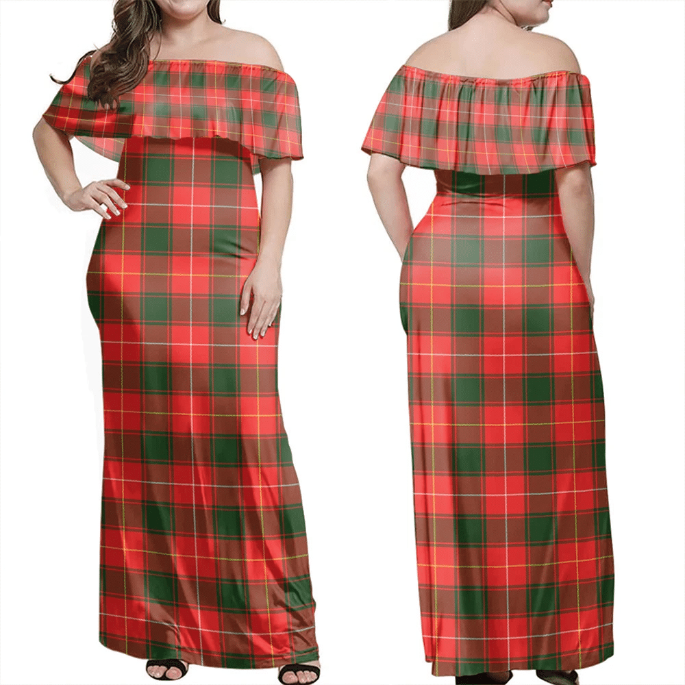 MacPhee Modern Tartan Off Shoulder Long Dress