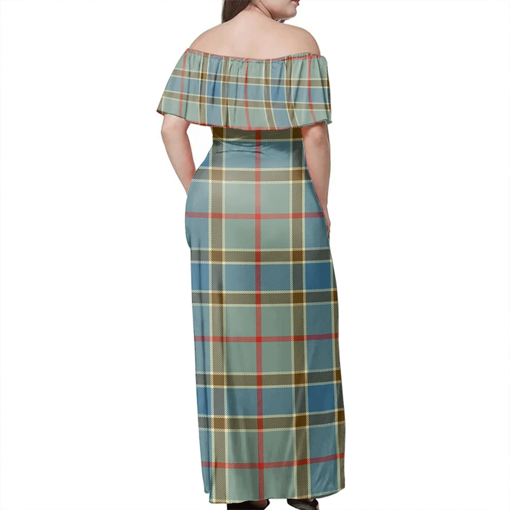 Balfour Blue Tartan Off Shoulder Long Dress