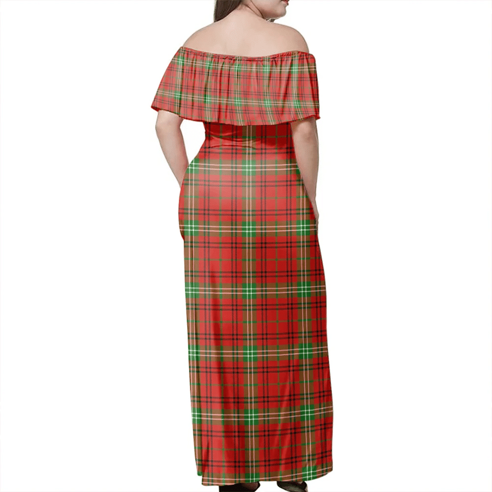 Morrison Red Modern Tartan Off Shoulder Long Dress
