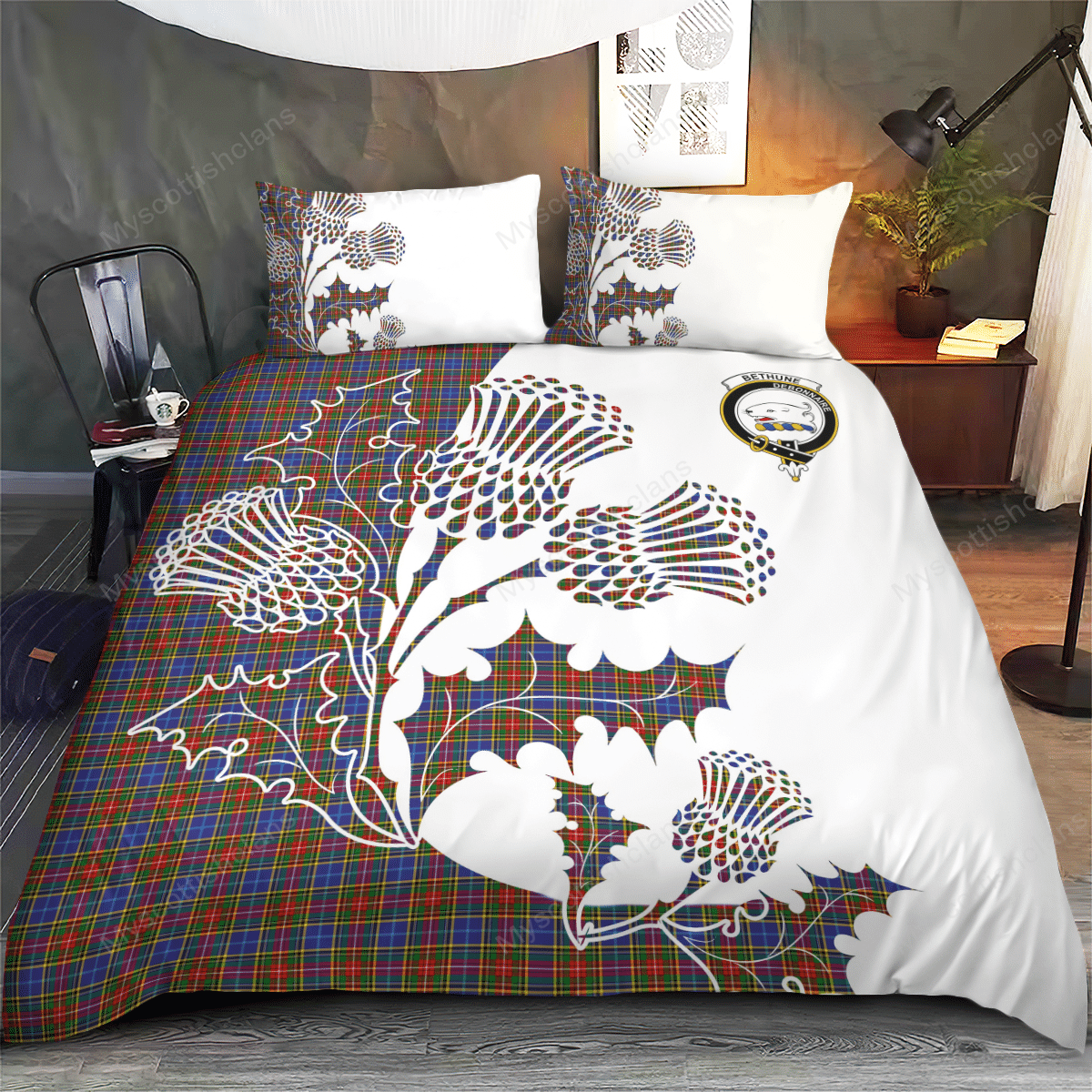 Bethune Tartan Crest Bedding Set - Thistle Style