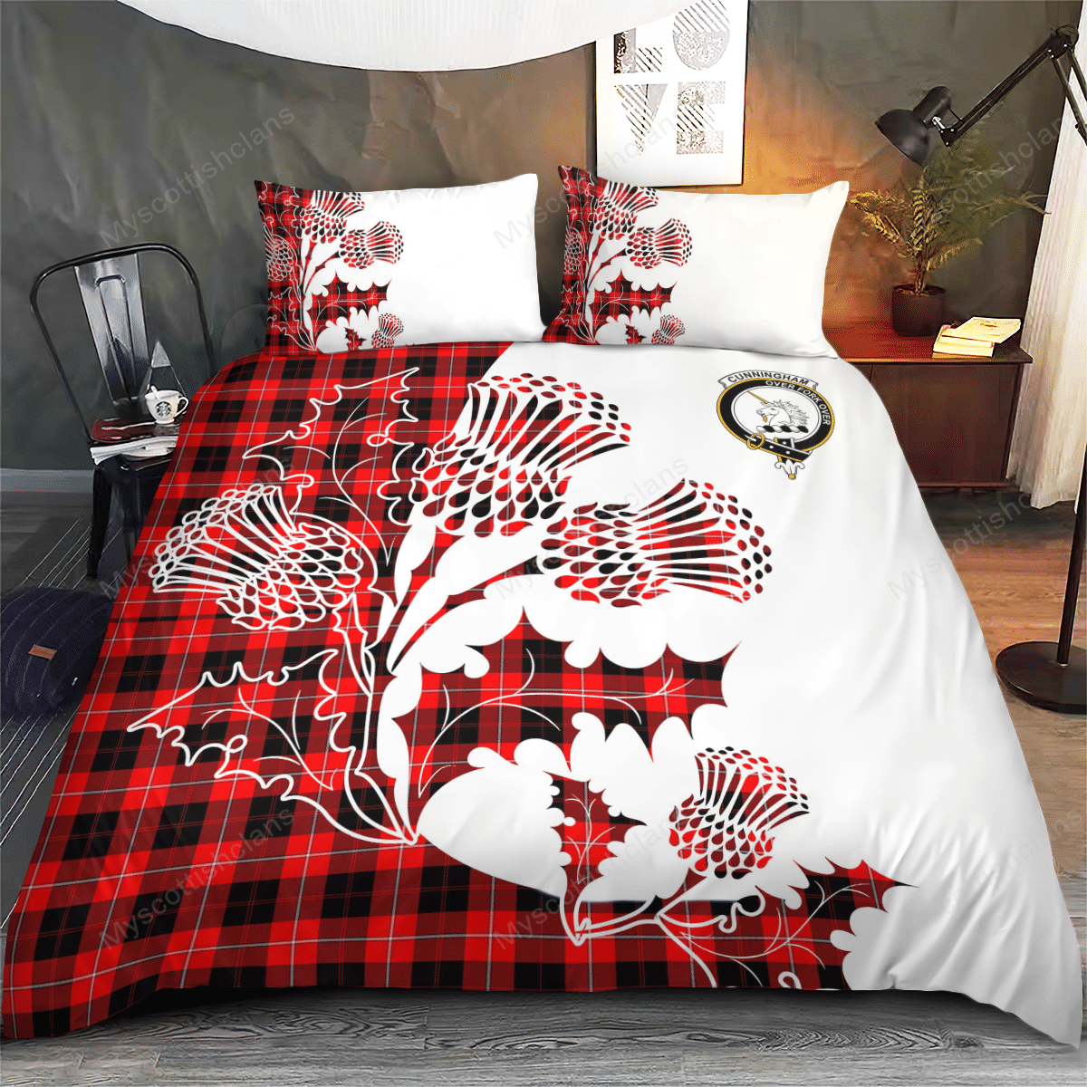 Cunningham Tartan Crest Bedding Set - Thistle Style