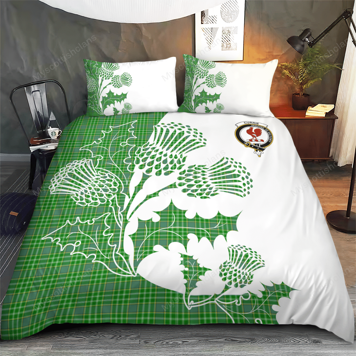 Currie Or Curry Tartan Crest Bedding Set - Thistle Style