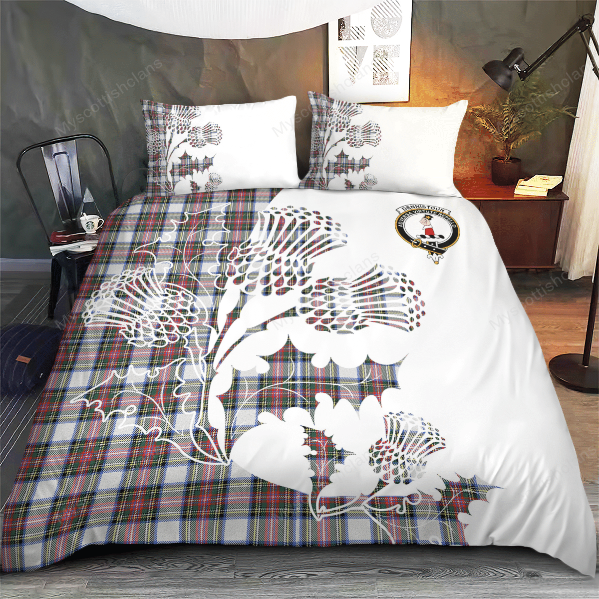 Dennistoun Tartan Crest Bedding Set - Thistle Style