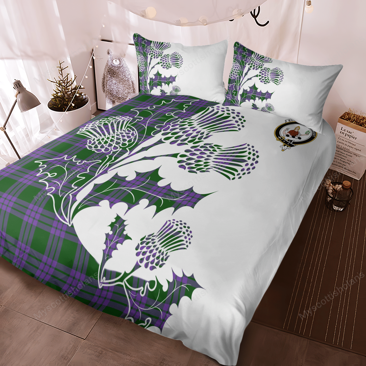 Elphinstone Tartan Crest Bedding Set - Thistle Style