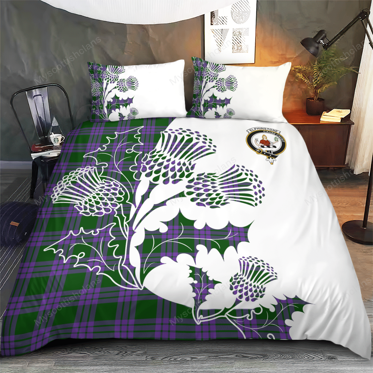 Elphinstone Tartan Crest Bedding Set - Thistle Style