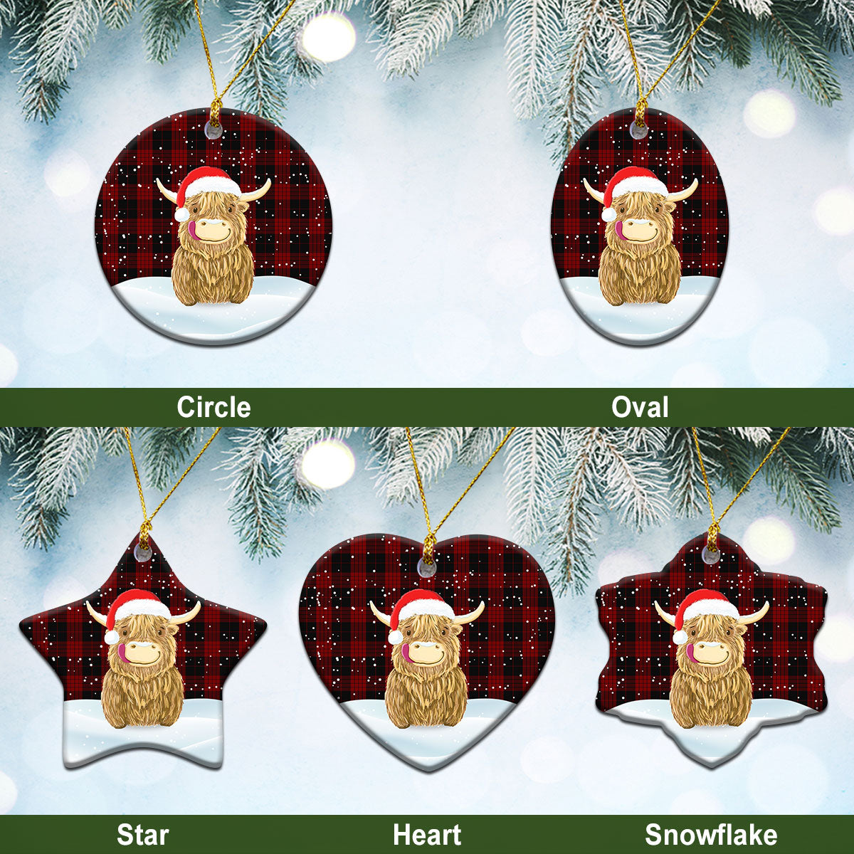 Cameron, Black & Red Tartan Christmas Ceramic Ornament - Highland Cows Style