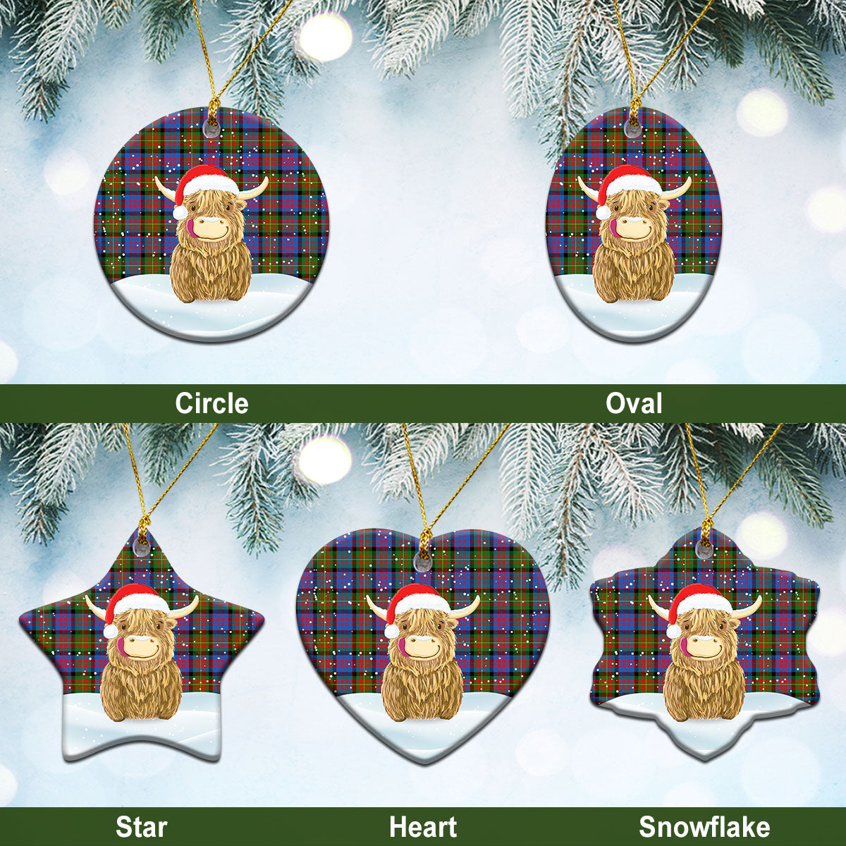 Carnegie Ancient Tartan Christmas Ceramic Ornament - Highland Cows Style