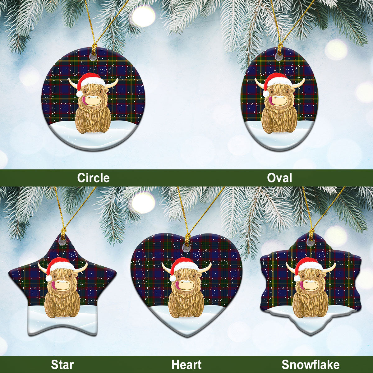 Durie Tartan Christmas Ceramic Ornament - Highland Cows Style