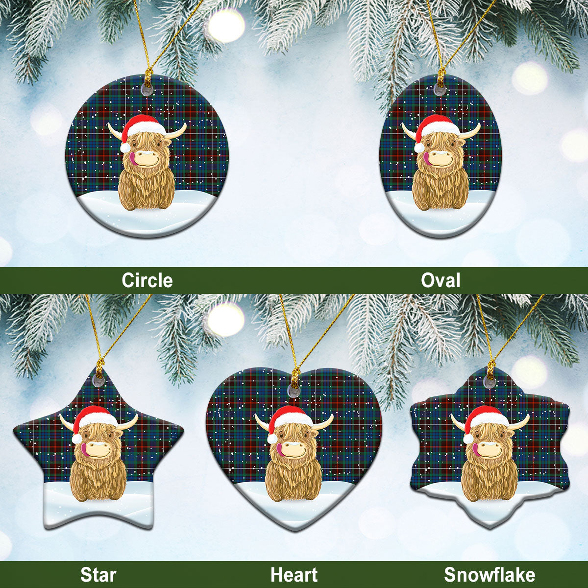 Fraser (of Lovat) Hunting Ancient Tartan Christmas Ceramic Ornament - Highland Cows Style