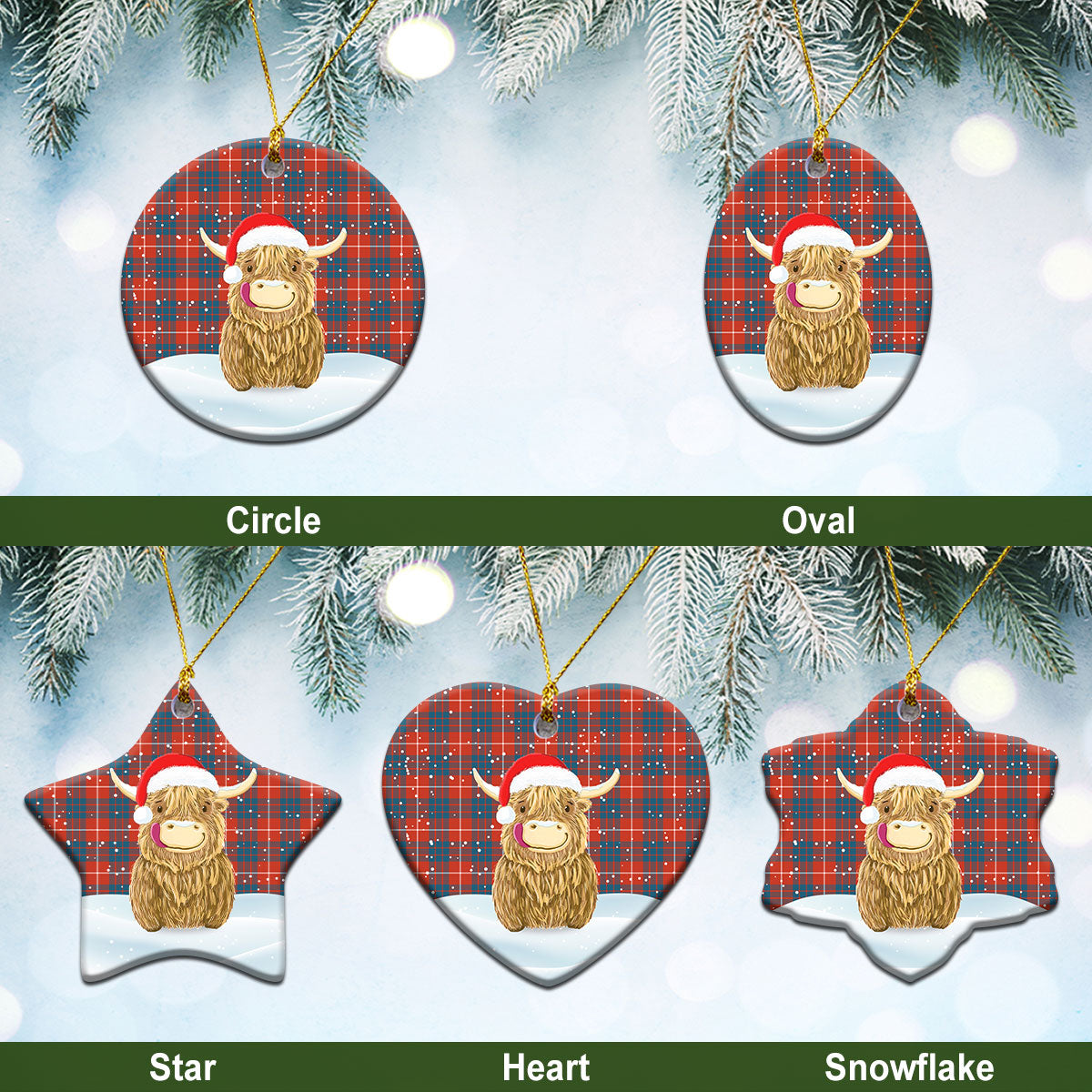 Hamilton Ancient Tartan Christmas Ceramic Ornament - Highland Cows Style