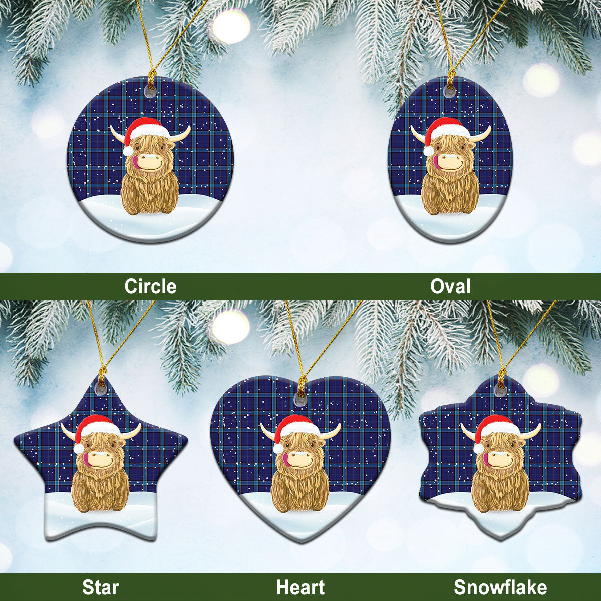 Kirkcaldy Tartan Christmas Ceramic Ornament - Highland Cows Style