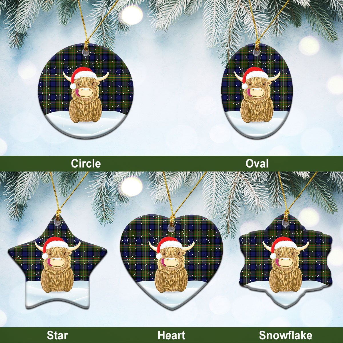 Laws Tartan Christmas Ceramic Ornament - Highland Cows Style