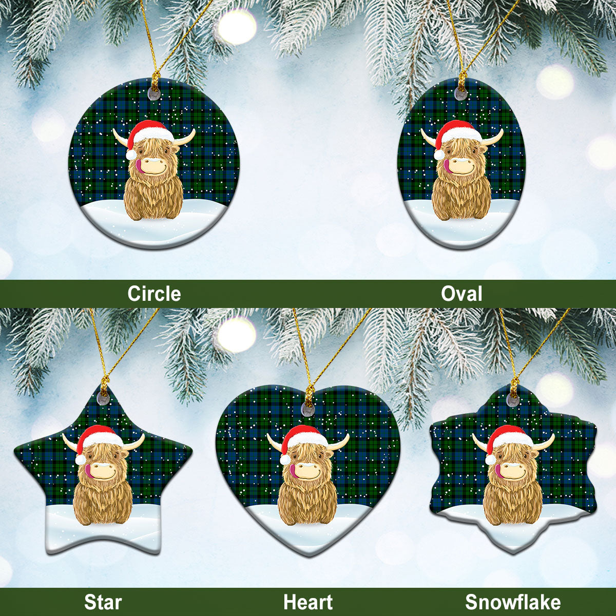 MacKie Tartan Christmas Ceramic Ornament - Highland Cows Style
