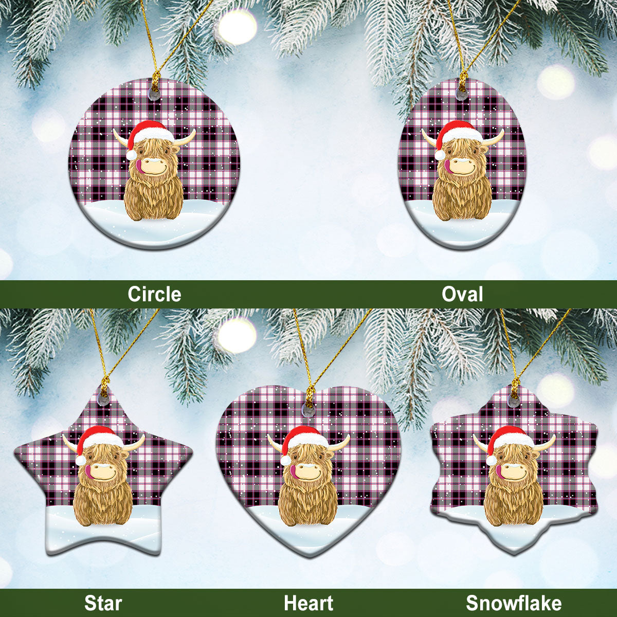 MacPherson Hunting Modern Tartan Christmas Ceramic Ornament - Highland Cows Style