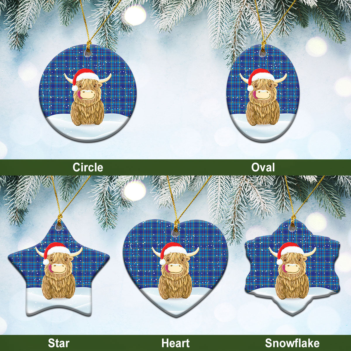 Mercer Modern Tartan Christmas Ceramic Ornament - Highland Cows Style