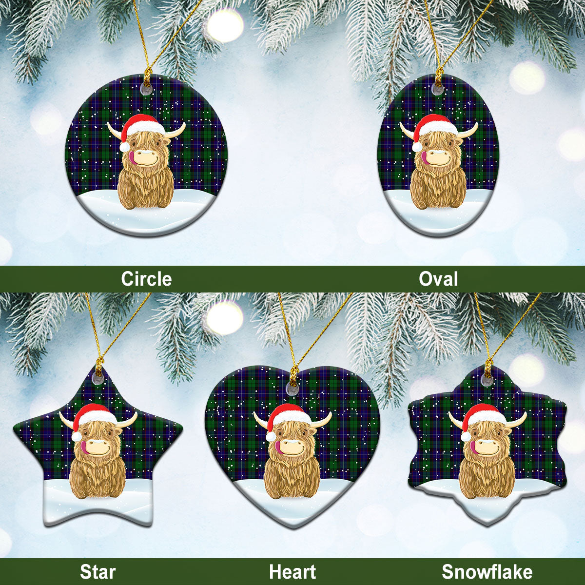 Mitchell Tartan Christmas Ceramic Ornament - Highland Cows Style