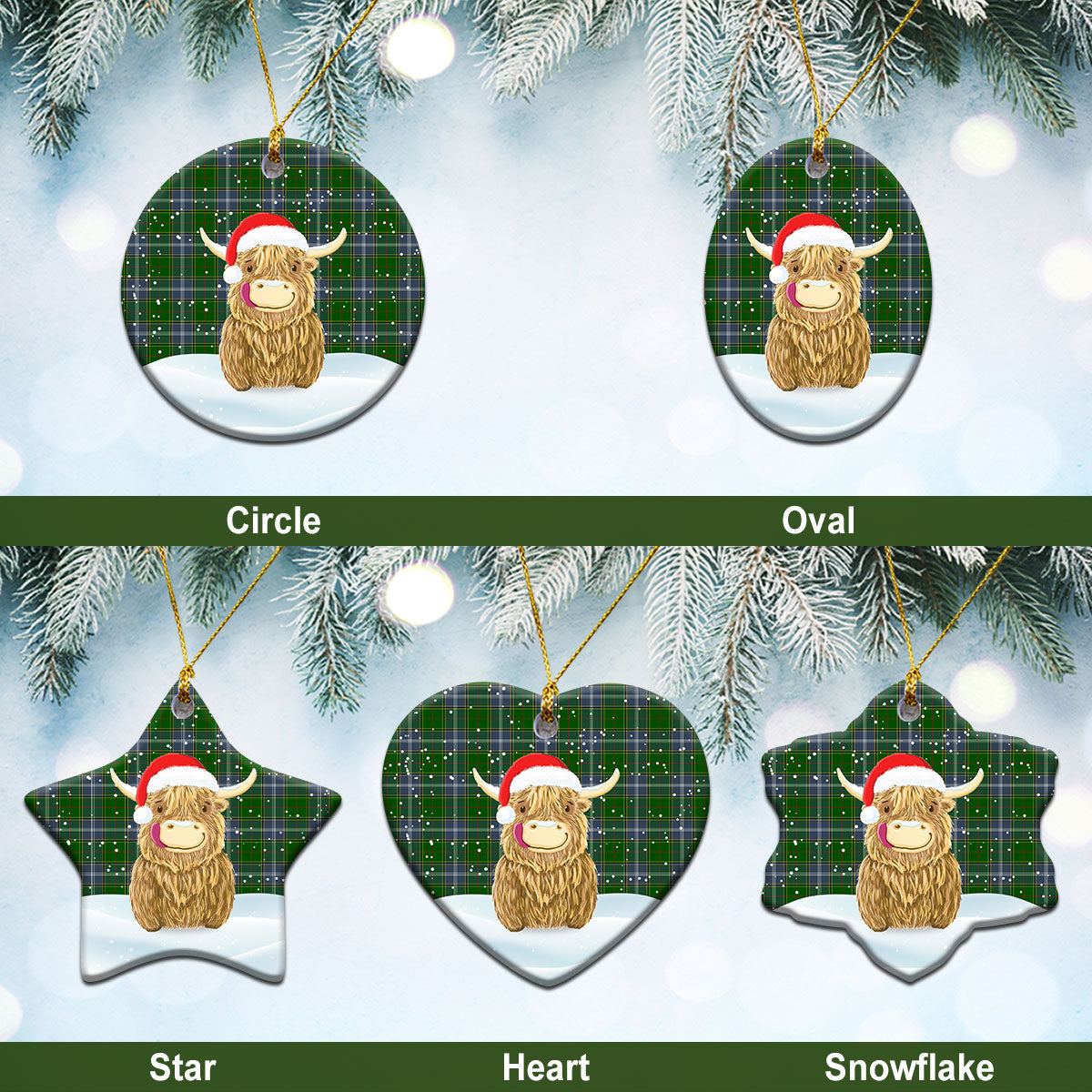 Pringle Tartan Christmas Ceramic Ornament - Highland Cows Style