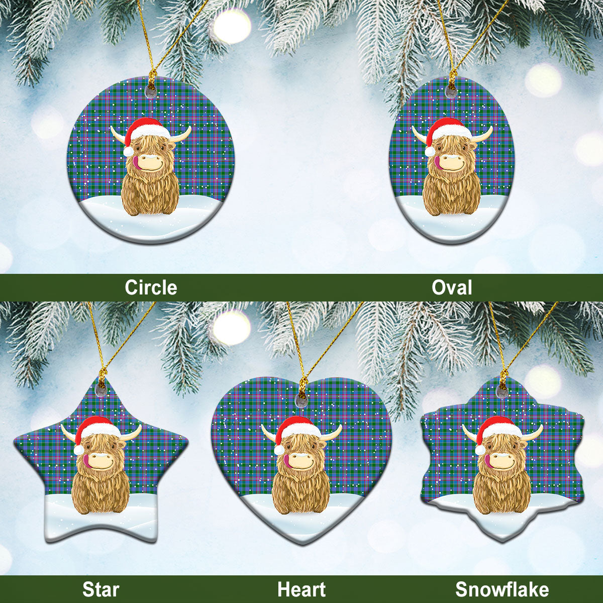 Ralston Tartan Christmas Ceramic Ornament - Highland Cows Style