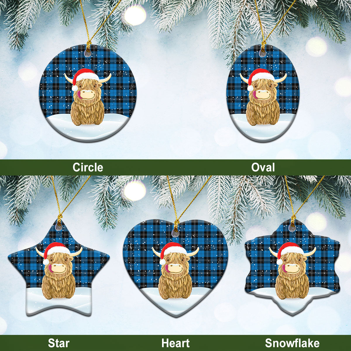 Ramsay Blue Ancient Tartan Christmas Ceramic Ornament - Highland Cows Style